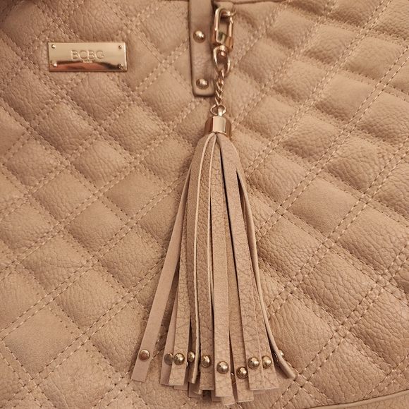 Tan BCBG Paris Tote Quilted Faux Leather with Detachable Tassle  Key Chain - Picture 7 of 14